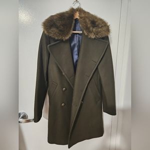 Zara men army green trench coat with faux fur collar